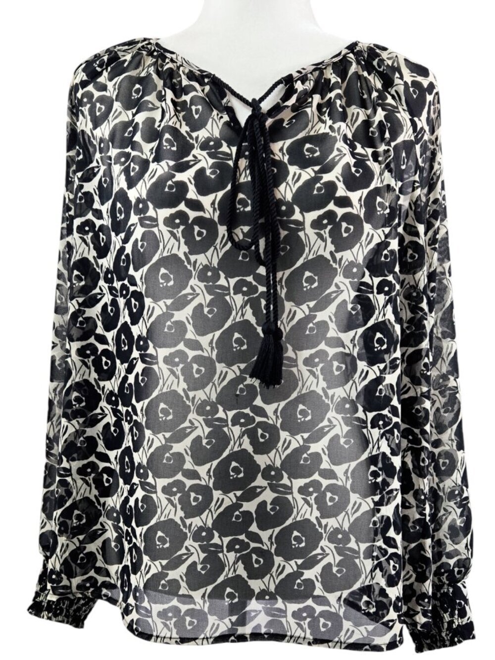 Cabi 8048 Island Blouse Black Cream Floral Sheer Chiffon Tassel Collar Romantic